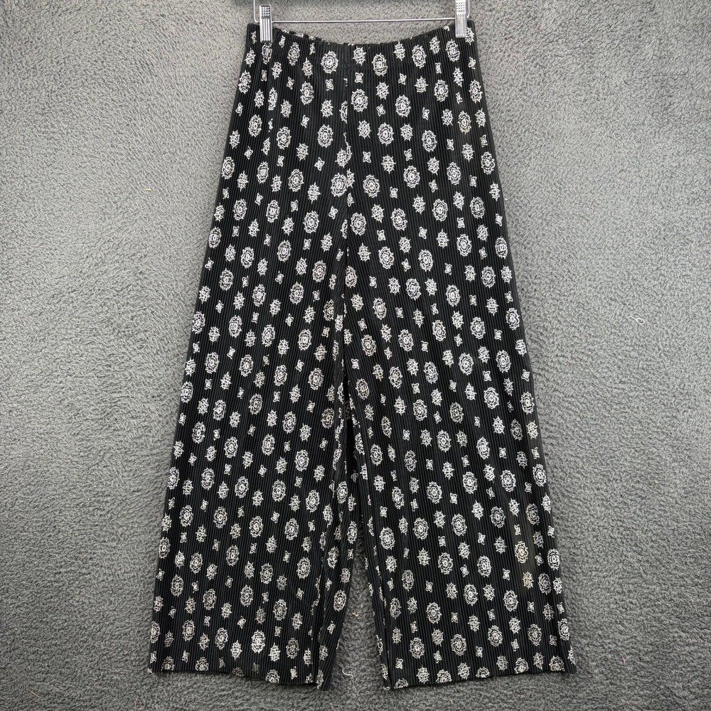 COIN Womens Pleated Plisse Wide Leg Pants Black White Medallion Print Size M
